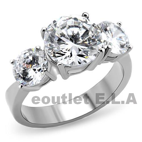 4.7CT 3-STONE CZ STAINLESS STEEL RING-4 sizes